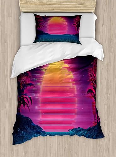 Miniatura 18 de Ambesonne Synthwave Duvet Cover Set, Retro Futurism Inspired Illustration Artwork with Sun and Palms, Decorative 3 Piece Bedding Set with 2 Pillow