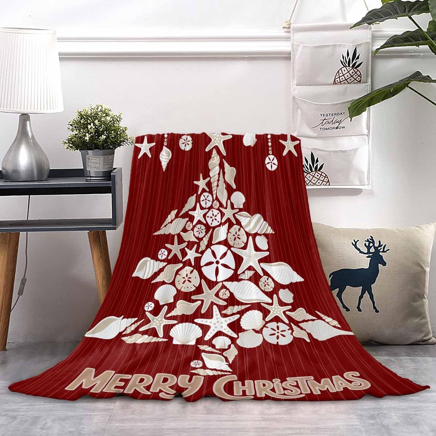 Fuzzy Fleece Throw Blanket, Lightweight Merry Christmas Star Xmas Tree Red Super Soft Flannel Bed Blankets, Reversible Plush Sherpa Blankets for Couch, Bed, Sofa for Christmas Decor 39"x59"
