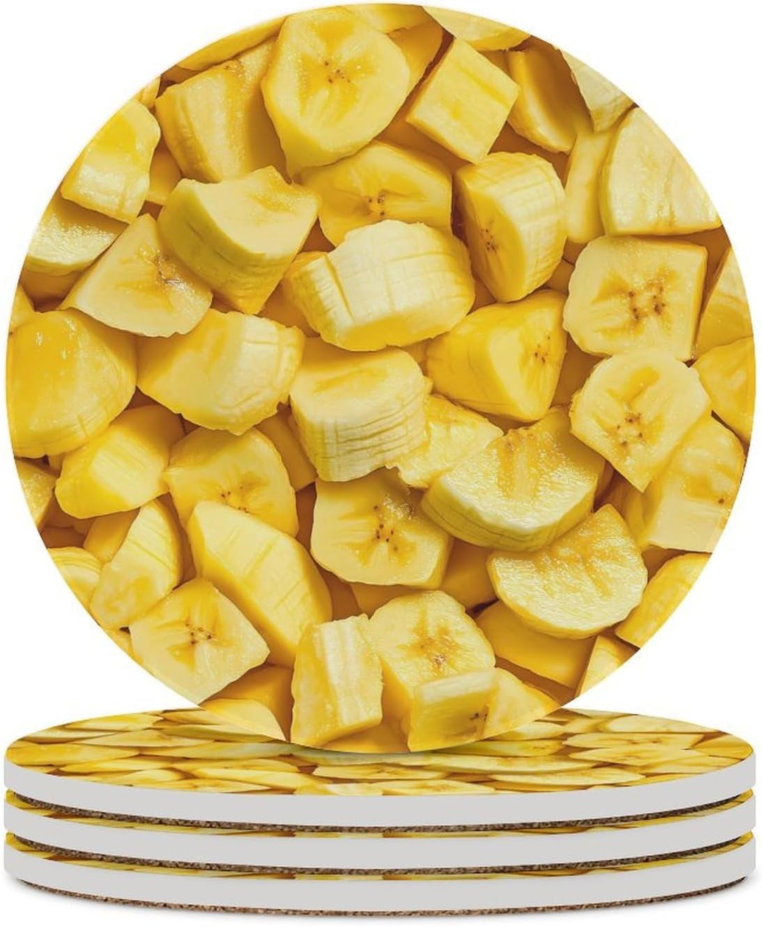 Banana Pieces Round Ceramic Coasters for Drinks Absorbent Cup Holder Tabletop Protector with Cork Base