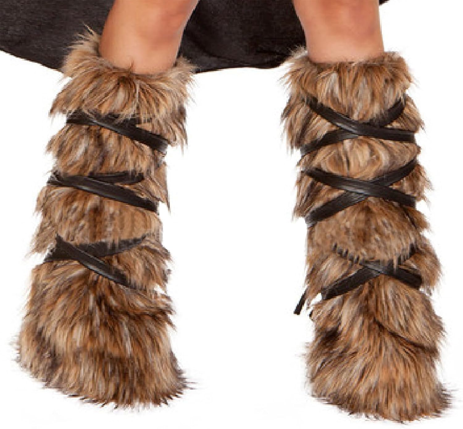 GREUS Women's Viking Faux Fur Leg Warmers Warrior Costume Arm Cuffs Fluffy Boot Covers Wrap for Halloween Cosplay Accessory - Image 2