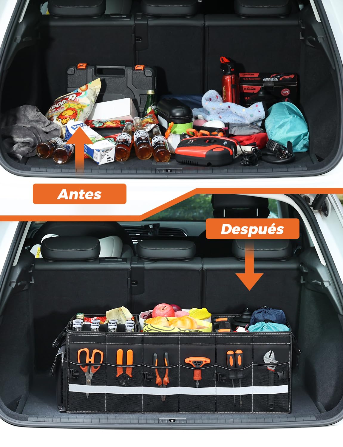Oasser Organizador Maletero Coche 75L Grande 3 Compartimentos Tapa Desmontable Plegable Antideslizante 1 Bolsillo Grande 6 Bolsas Laterales Malla