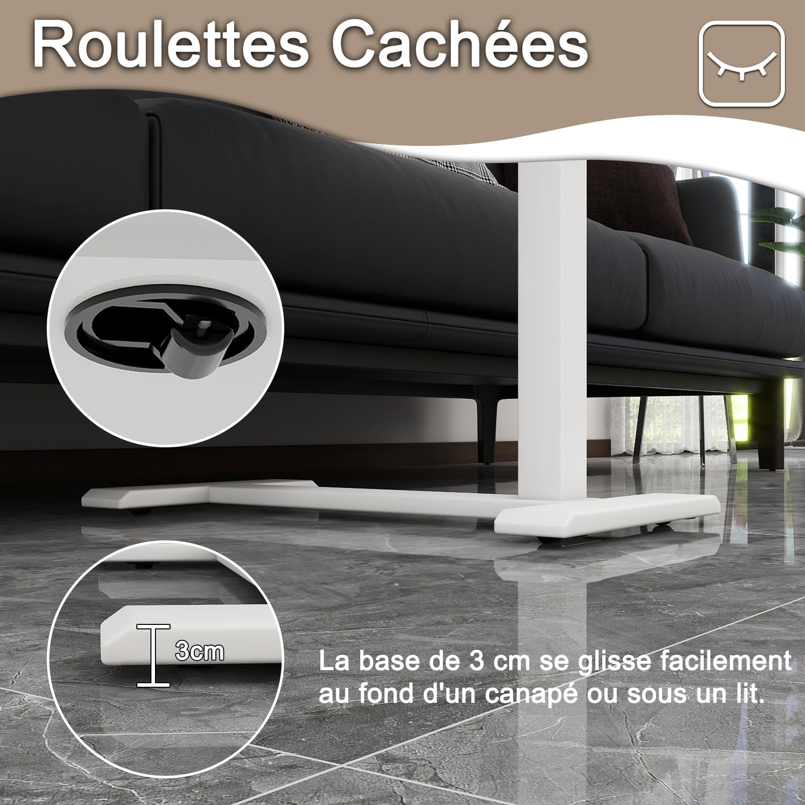 PUNCIA Table de Chevet Médicale Réglable avec roulettes Cachées 68x40 CM | Bureau Debout Mobile Plateau Appoint Portable Table de Lit Amovible Chariot d'Ordinateur Roulant pour Hôpital Maison (Blanc)
