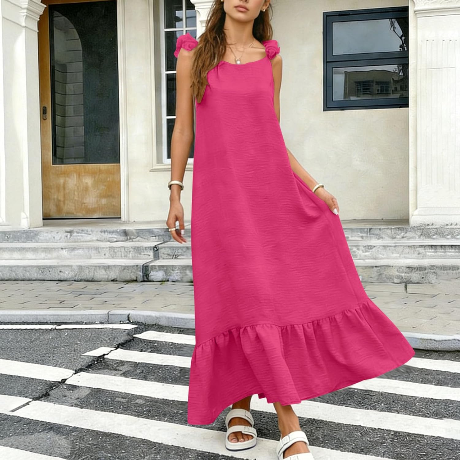 Women's Sleeveless Spaghetti Strap Maxi Dress Casual Summer Dresses Ruffle Long Beach Vacation Sundresses