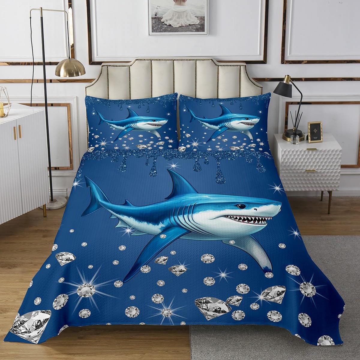 Jungle Wildlife Animals Bedspread King,Diamond Sequin Fluid Art Quilted Coverlet 3pcs for Adults Teens Room Decor,Squirrel Soft Breathable Bedding Quilt