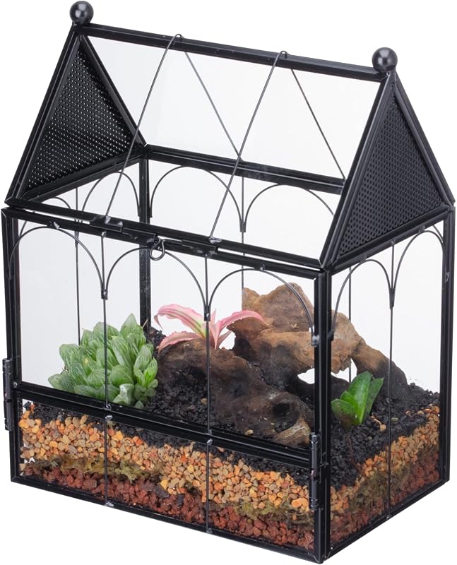 Terrário de Vidro Ventilado para Aranhas-Saltadoras e Pequenos Insetos NCYP, Formato de Casa, Preto, 14,7 x 9,6 x 17,8 cm