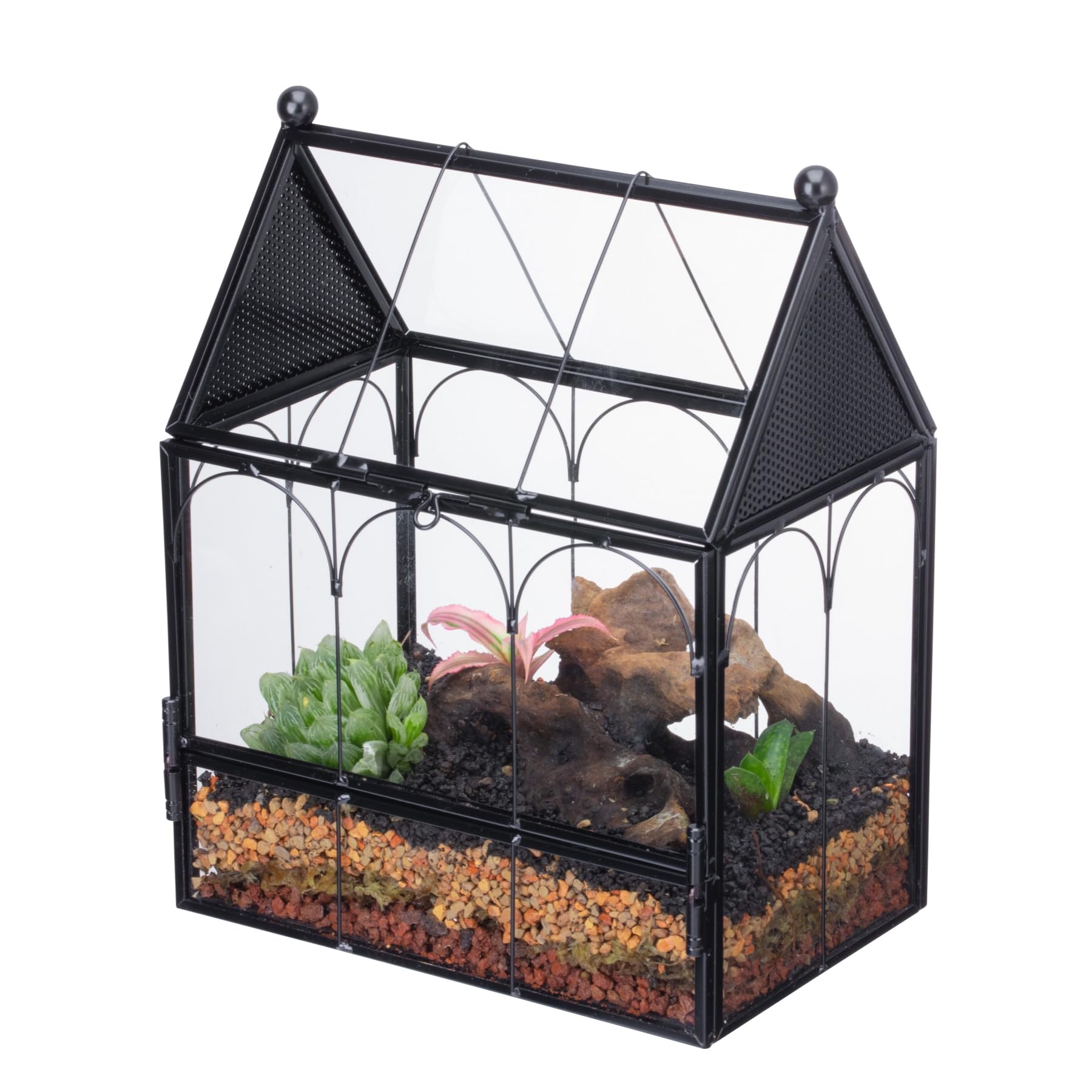 NCYP Small Glass Terrarium Enclosure with Mesh for Jumping Spiders, Micro House Shaped, Home Decor, Black, 14.7 x 9.6 x 17.8 cm (Terrarium Only)