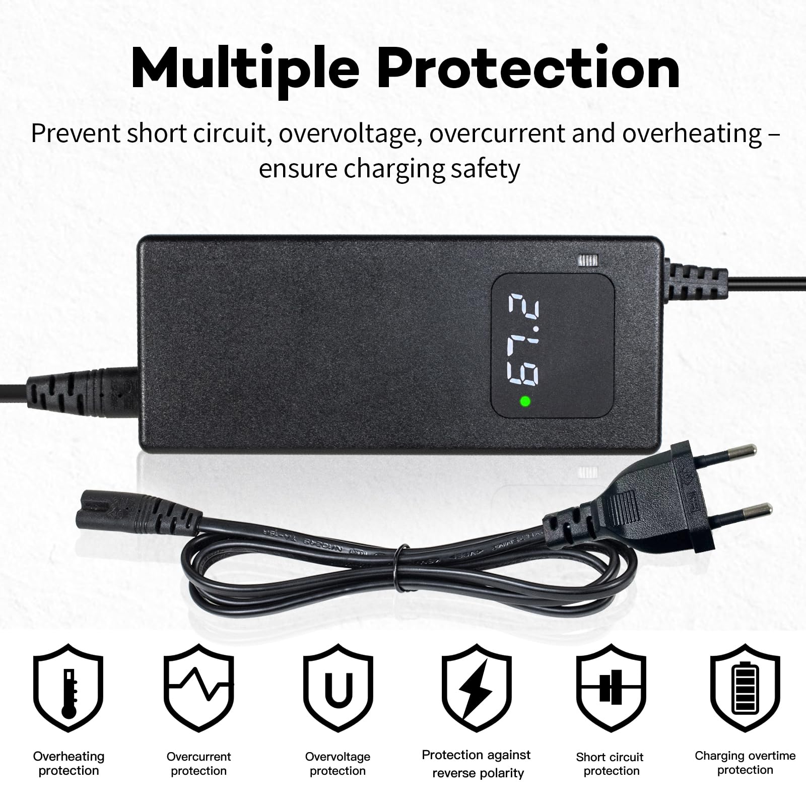 Chargeur 67,2V 2A GX16-3 Femelle pour Batterie Lithium-ION 60V – Vélo Électrique avec Écran LED