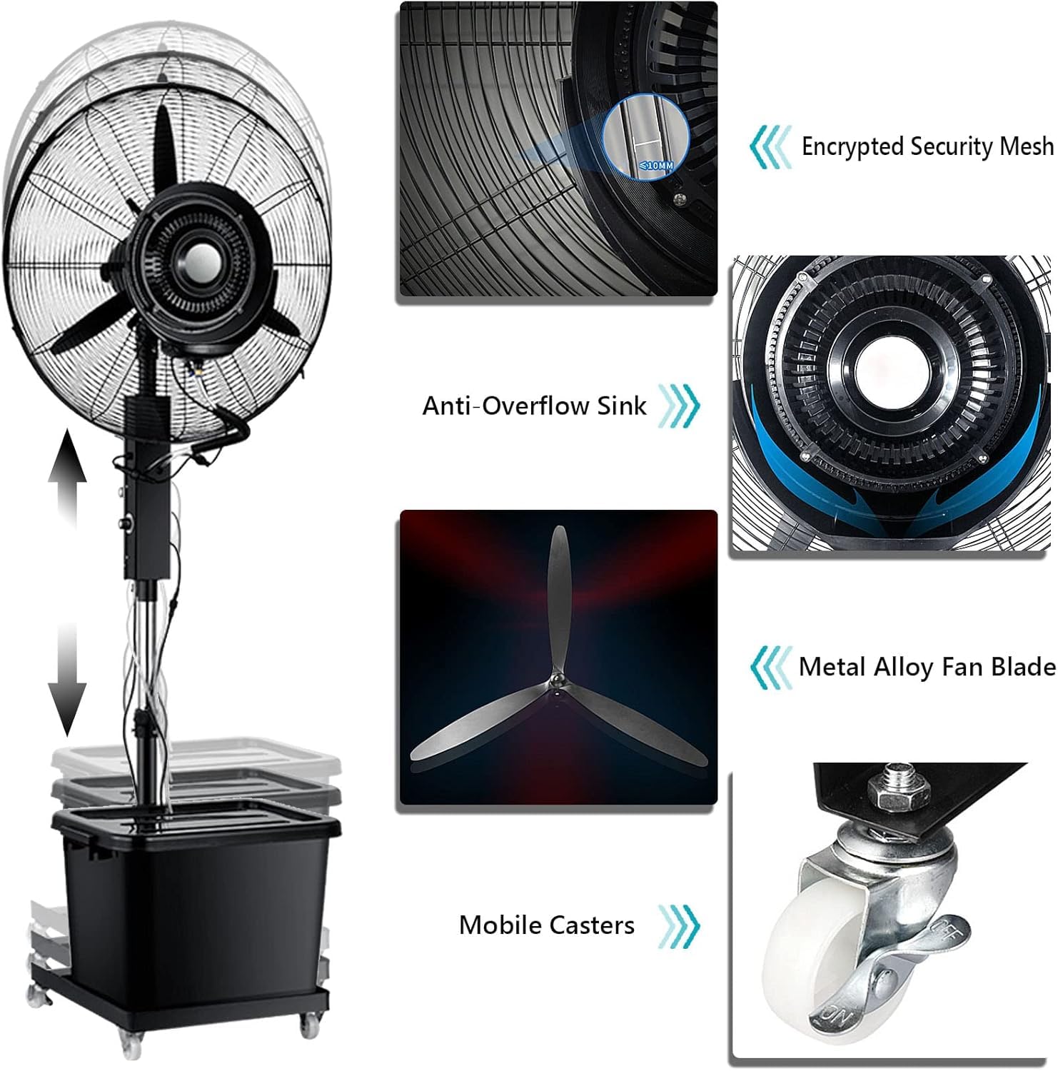 Ventilateur brumisateur à 3 Vitesses de Refroidissement et réservoir de 45 litres, Ventilateur sur Pied à Hauteur réglable pour Garage, Atelier ou Espace de Travail – Solution de refroidisse