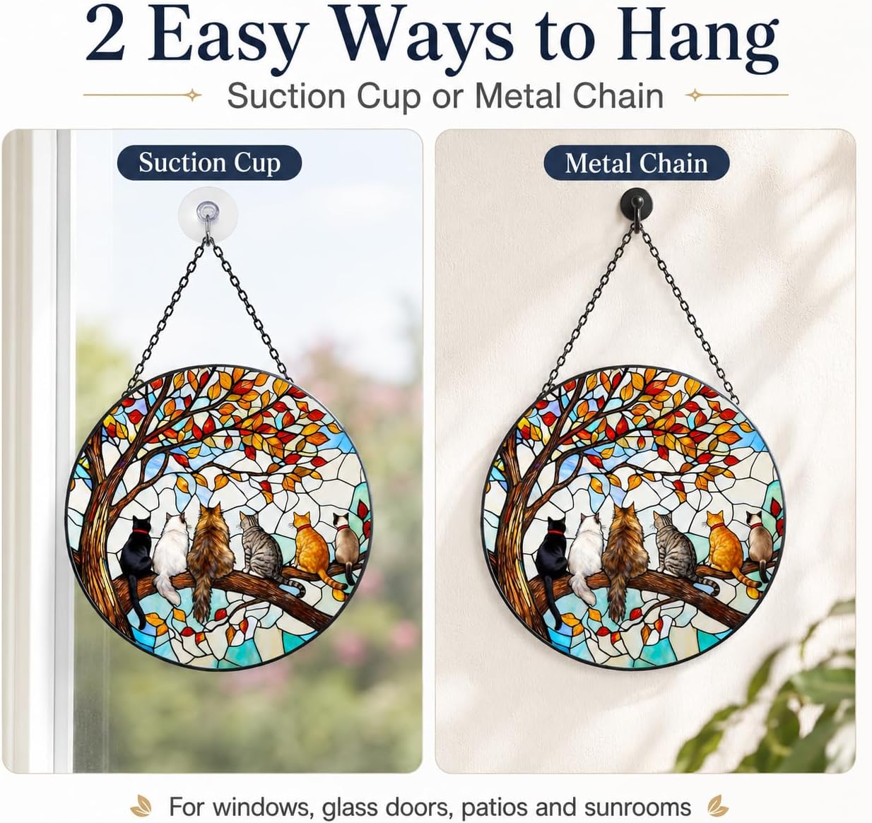 6-Cat Stained Glass Suncatcher, Window Hanging Decor, 7.87 in | 6-cat stained glass suncatcher with chain and suction cup, gift-ready window decor for cat lovers, moms and pet owners.