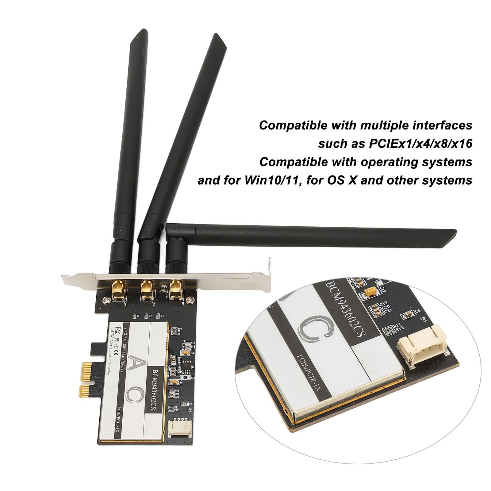 BCM943602CS Carte PCIE avec 3 antennes 1750Mbps 2.4Ghz 5Ghz 4.0 pour 11, OS