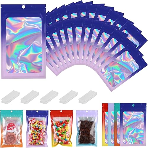 200 PCS 4.7x7.8 Smell Proof Mylar Bags for Food Storage, Resealable Mylar Bags Gradient with Clear Window, Holographic Resealable Packaging Bag for