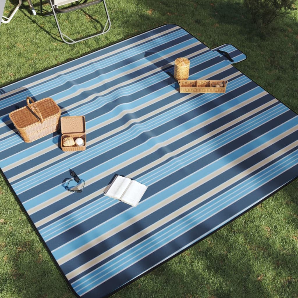 Picknickdecke 200x200 cm Klappbar, Campingdecke Blau Weiß Gestreift mit Tragegriff, Stranddecke mit Polsterung und Wasserdichter Unterseite