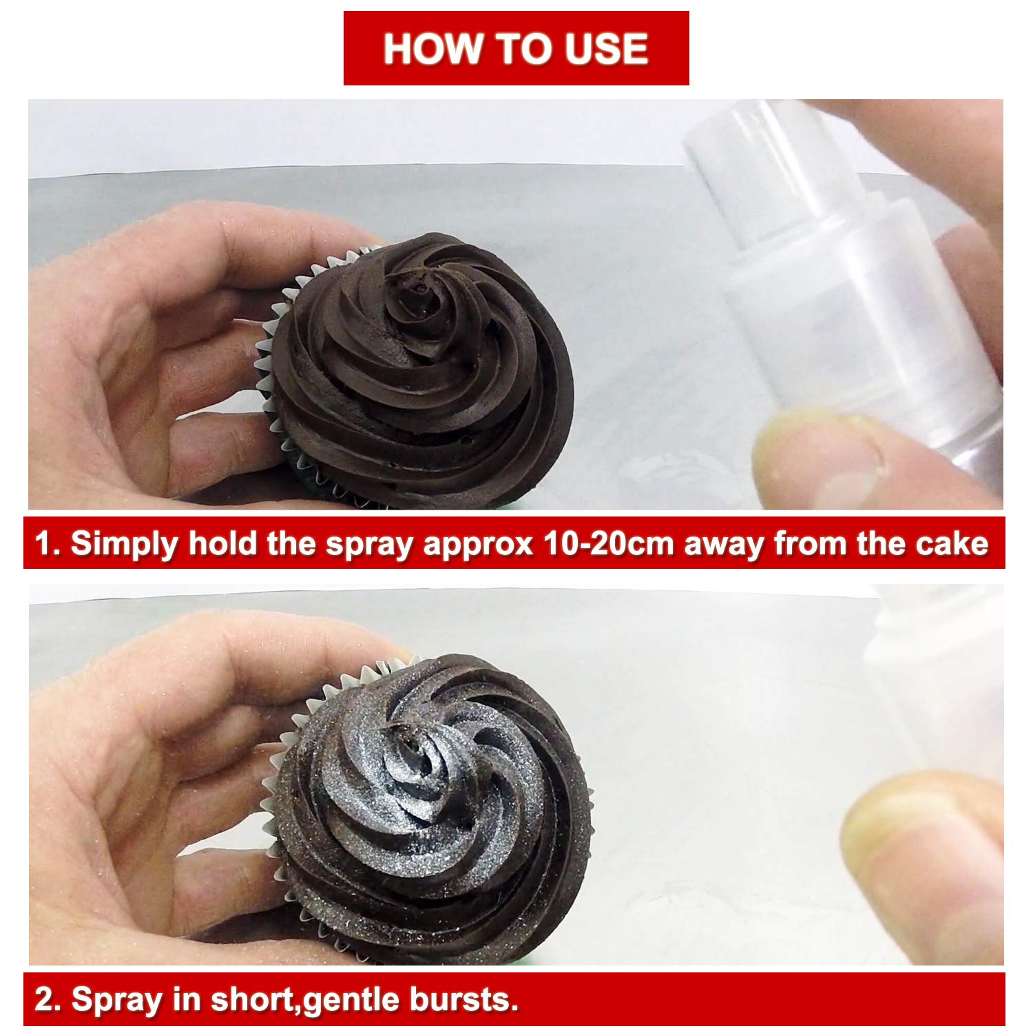 Edible Glitter Spray Set(Gold,Silver,Rose Gold,White), Non Aerosol Food Coloring Lustre Powder, Food Grade Sparkling Dust Push Pump for Decorating Cupcake, Fondant, Cookie, Frosting, Gum paste.