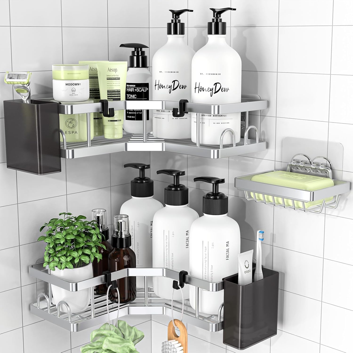Zholp Corner Shower Caddy 3-Pack No-Drilling Bathroom Storage Organizer with Soap Holder Hooks Rustproof Stainless Steel Suction Cup