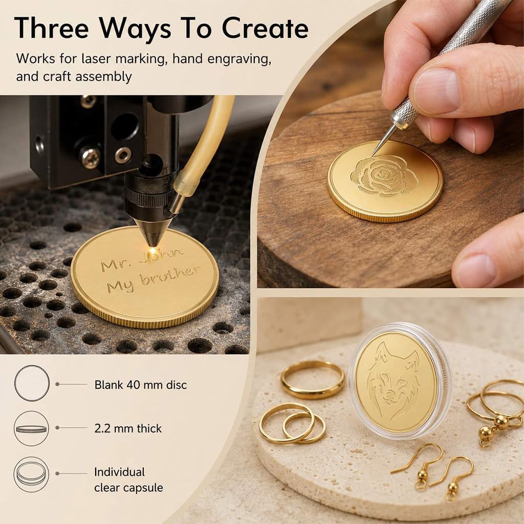 QWORK Blank Challenge Coins 10 Pack, 40 mm Solid Brass Coin Blanks 3 mm Thick with Acrylic Protection Boxes for Engraving Stamping Etching DIY Crafts Custom Tokens