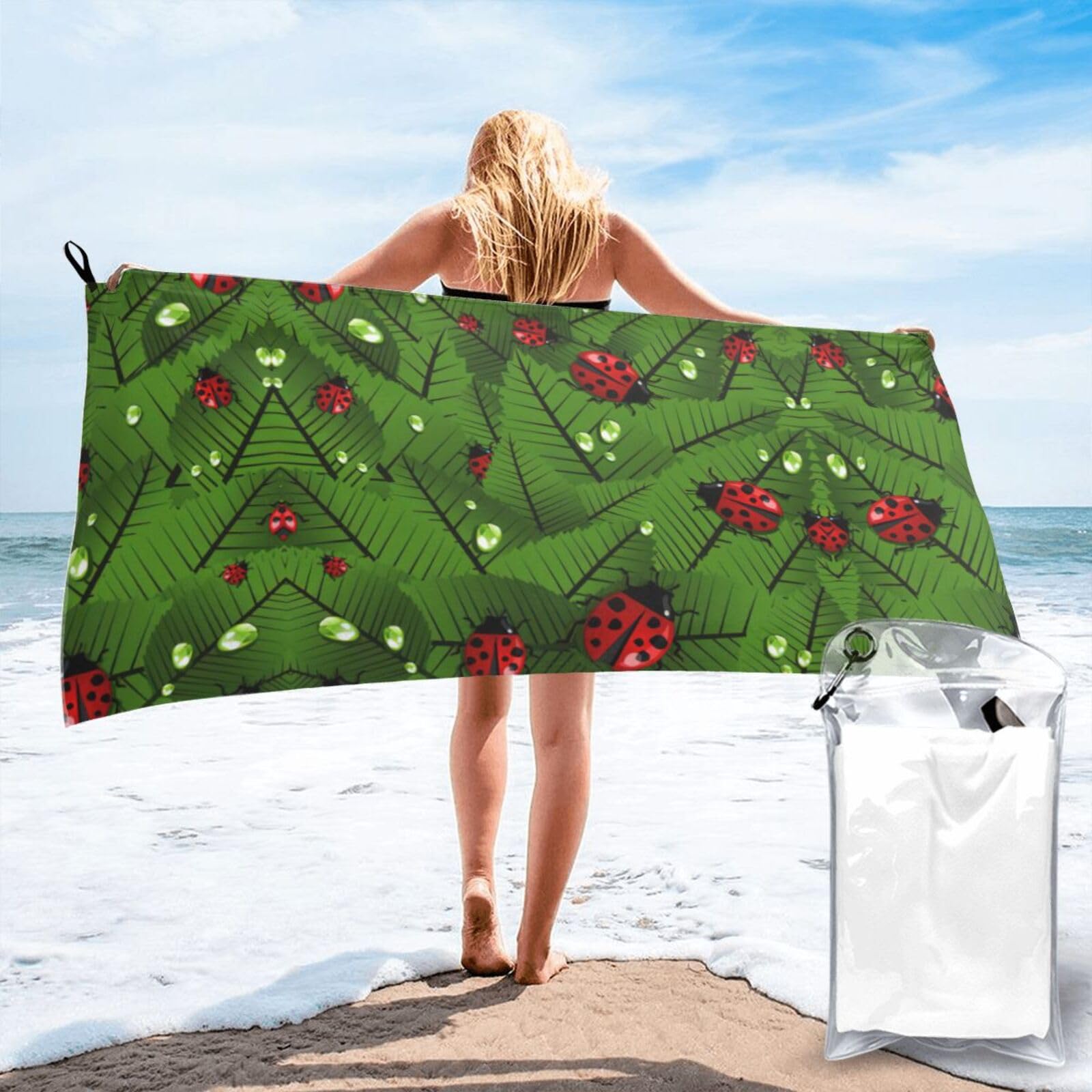 SDEGTHO Leaves And Ladybugs Print Beach Towel Quick Dry Portable For Swimming Yoga Adults Fitness