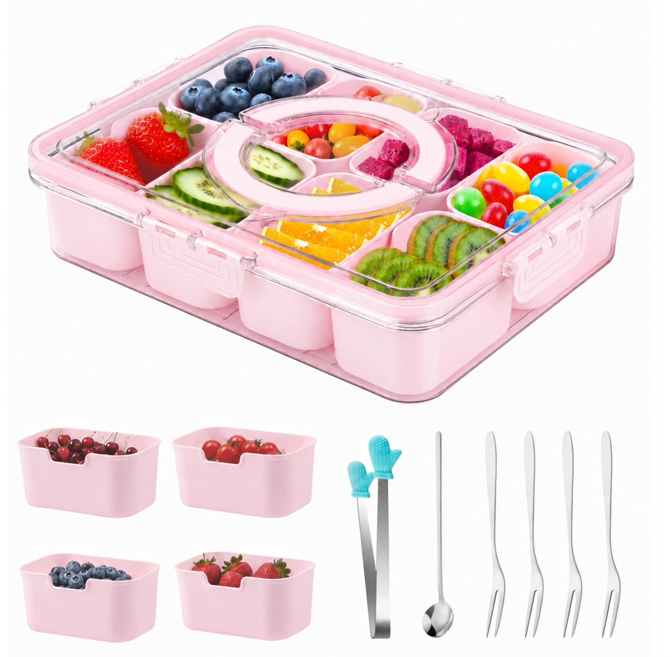 LaJasya Divided Snack Tray with Lid & Handle, Snack Box with 8 Compartments, Reusable Portable Snackle Box, Dishwasher Safe Food Storage Container for Candy, Fruit, Nut Travel, Plane & Picnics-Pink