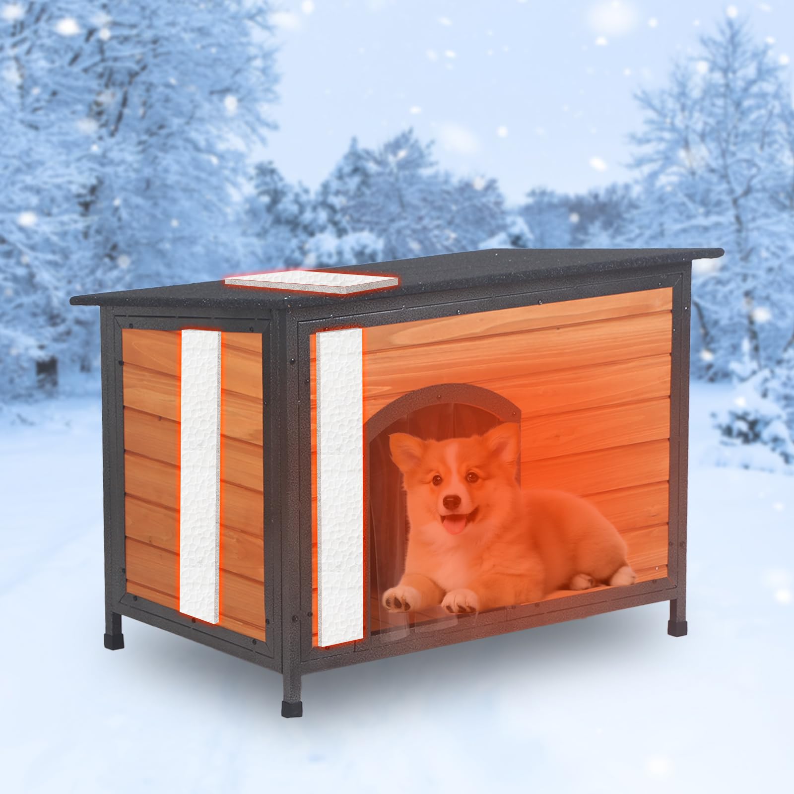 Outdoor Insulated Wooden Dog House Weatherproof Metal Frame Chew Resistant