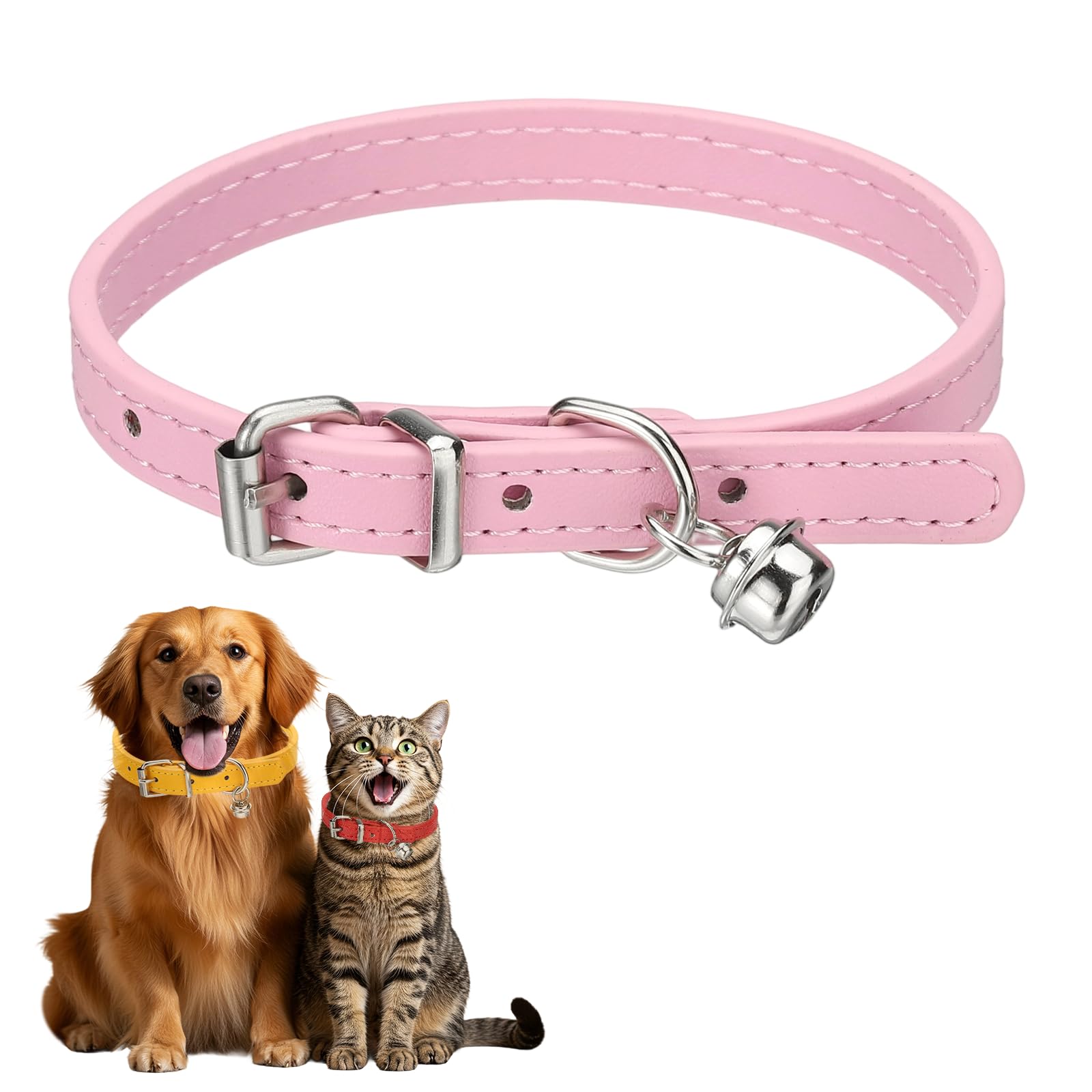 sourcing map Dog Collar with Bell, Pu Leather Cat Collars Pet Basic Soft Padded Adjustable Buckle, 12" (Pink, 1 Pcs), Intended for Teacup/Little Dog/Kitten Cats/Small Animals