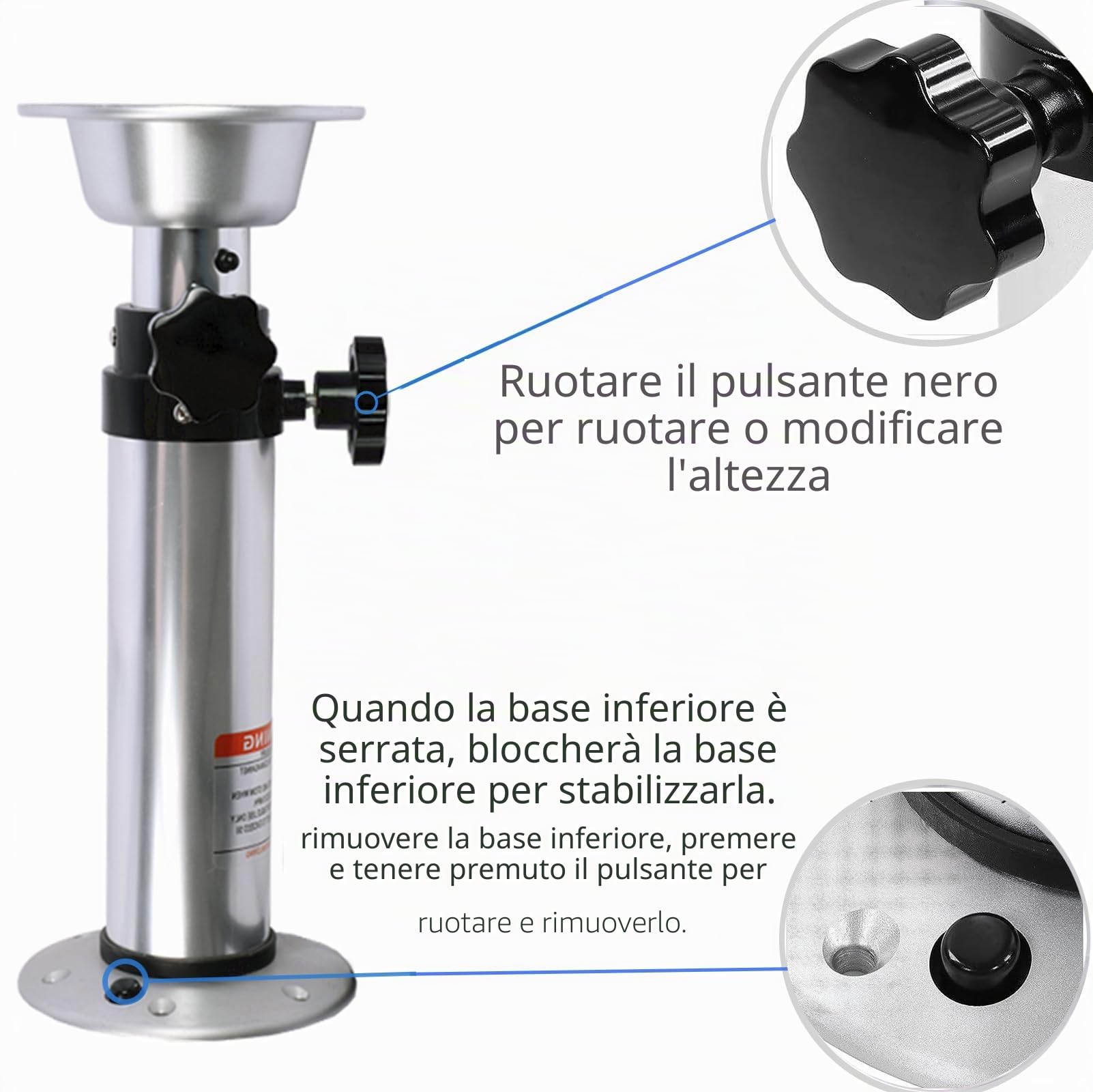 Gamba regolabile per camper da 45 a 60 cm, una vasta gamma di piedistallo per tavolo di regolazione dell'altezza può essere facile da smontare, realizzato in alluminio per camper e barche