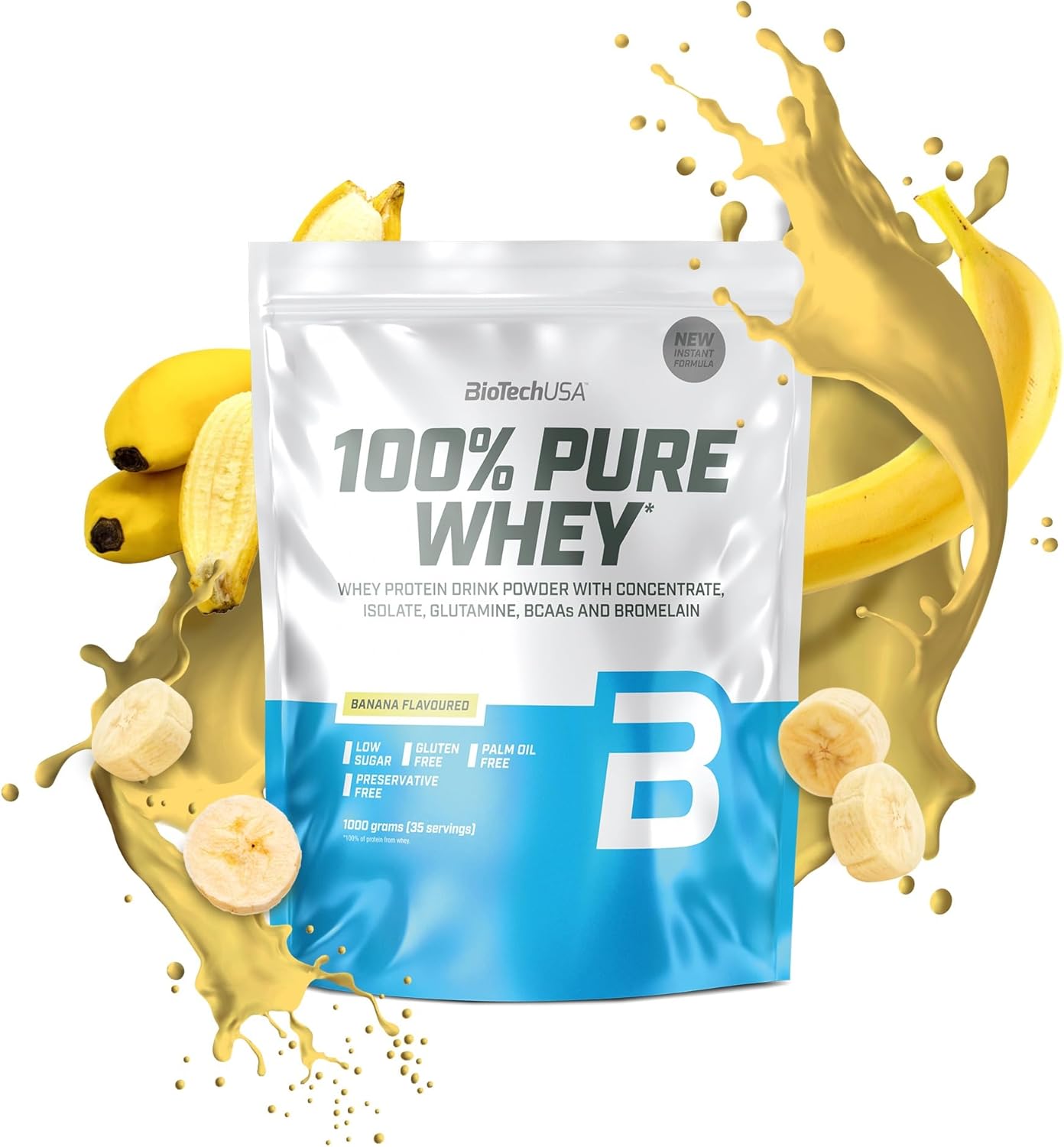BioTechUSA 100% Pure Whey | Eiwitpoeder met BCAA en Glutamine | Glutenvrij, Palmolievrij | 21g Eiwit per portie, 1 kg, Banaan