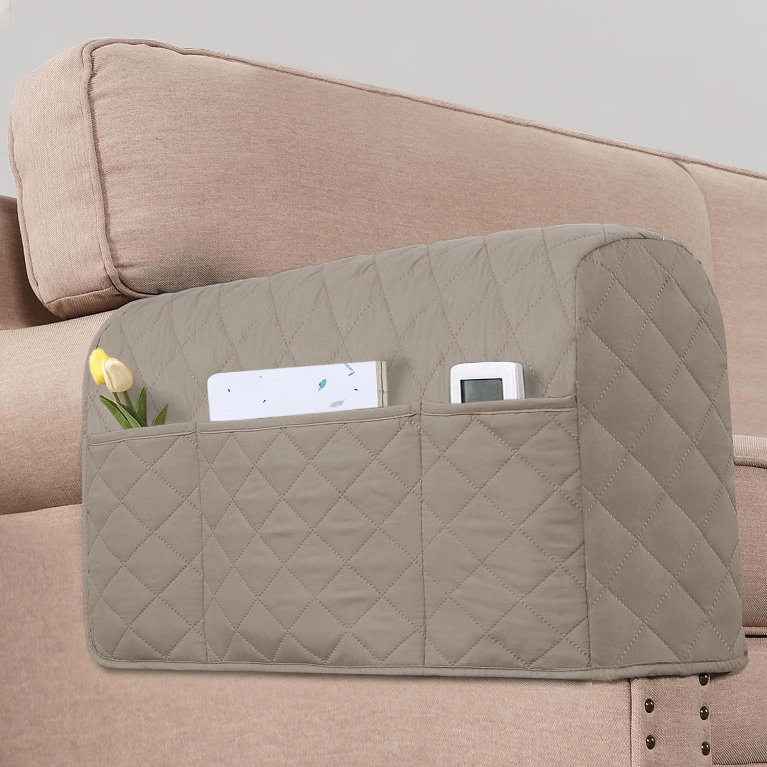 2 Pack Water Resistant Armrest Covers for Chairs and Sofas Couch Arm Covers for Sofa with 3 Pockets for Phone Sofa Arm Protector for Pets, Cats (Khaki)