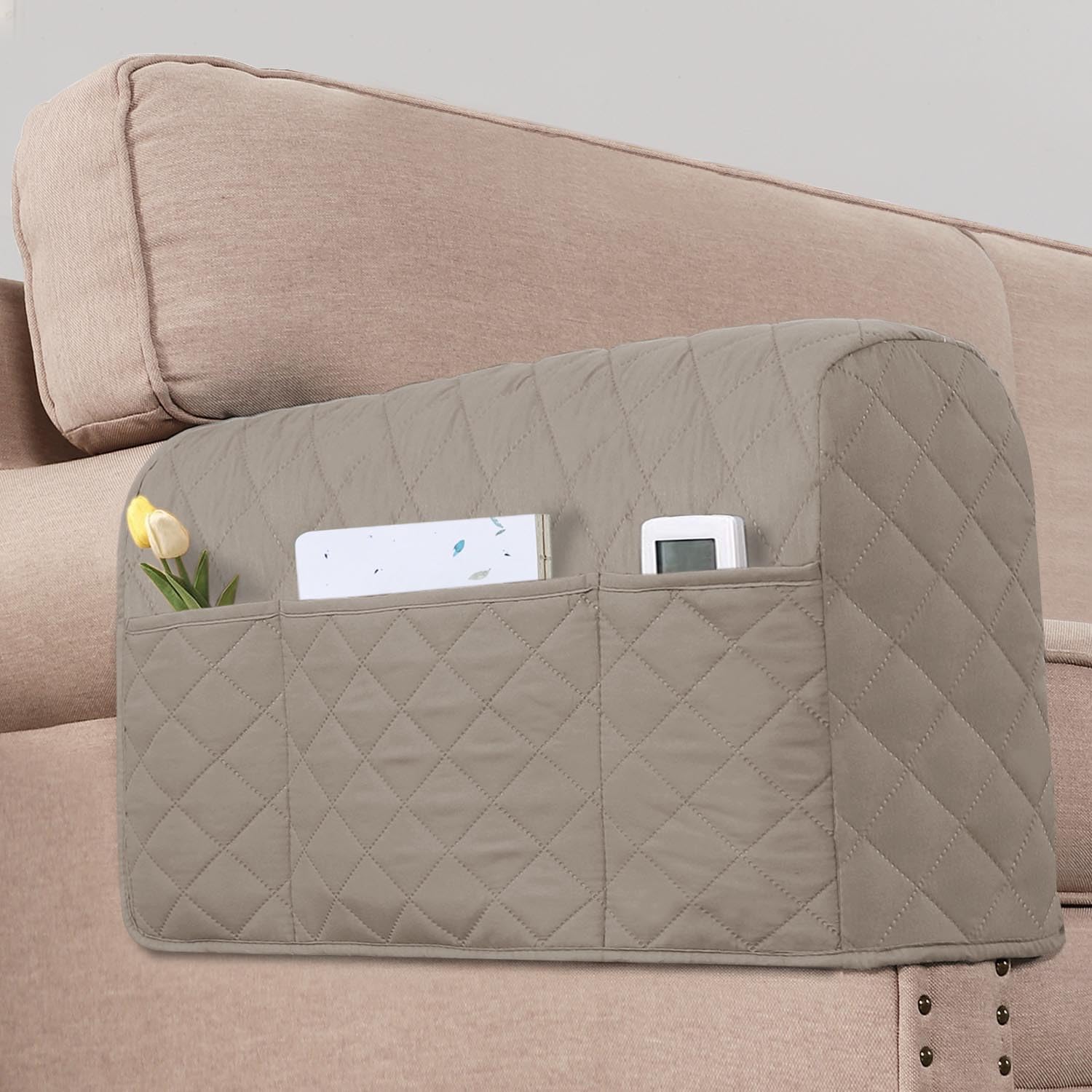 H.VERSAILTEX Couch Arm Covers Water Resistant Armrest Covers for Sofa Remote Control Holder Sofa Armrest Organizer for Magazine, Tablet, Phone, iPad(Set of 2, Khaki/Beige)