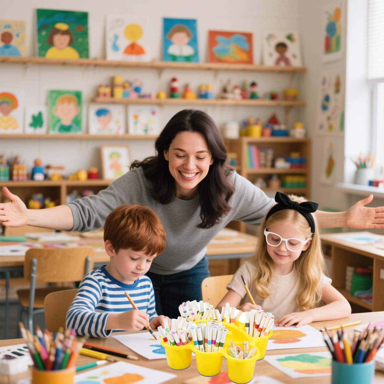 6 Pack Classroom Caddy Storage Basket with Handle, Plastic Drink Cup Caddy Holder, 6 Compartments for Kids, Table, Office, Arts, Crafts, Crayon, Marker, Pencil, School Supplies - Assorted Colors