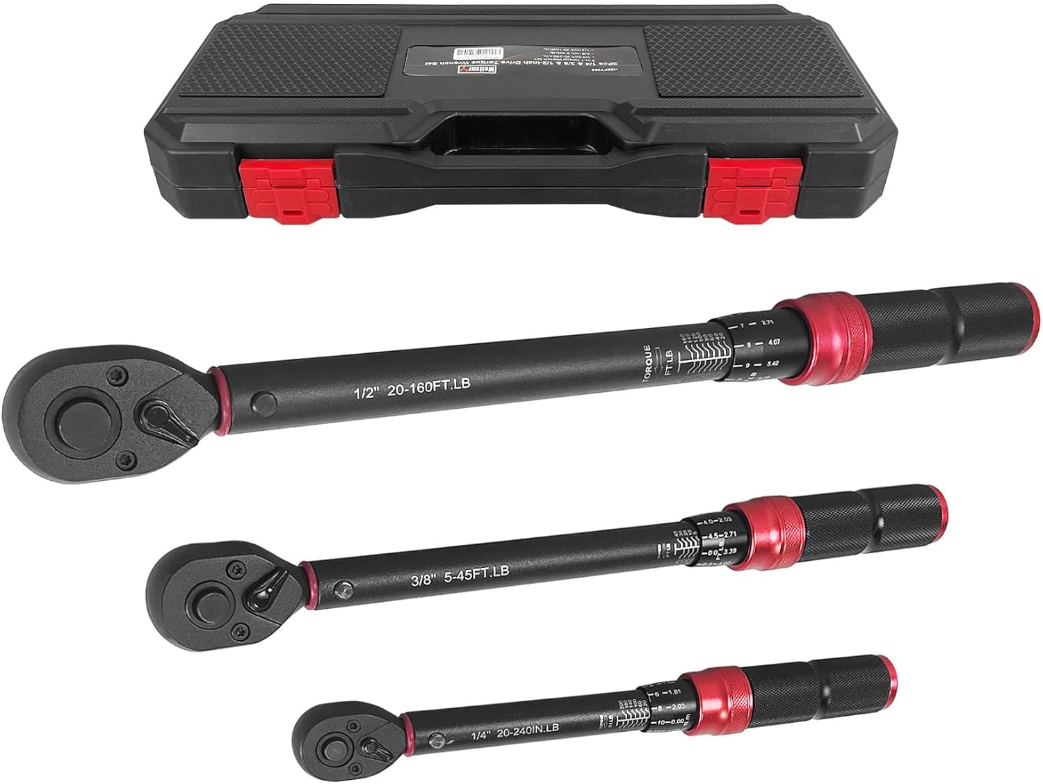 3-piece Torque wrench set includes sizes of 1/4, 3/8, and 1/2-inch Drive. The 72-Tooth Dual Scale Torque Wrench has Dual Range Scales in FT.LB and N.M for precise Bike, Moto, and Car Repair