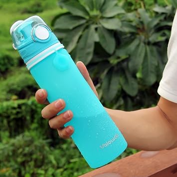 Valourgo Collapsible Water Bottle, Silicone Foldable with Leak Proof Valve BPA Free, Aqua Blue, 21 oz