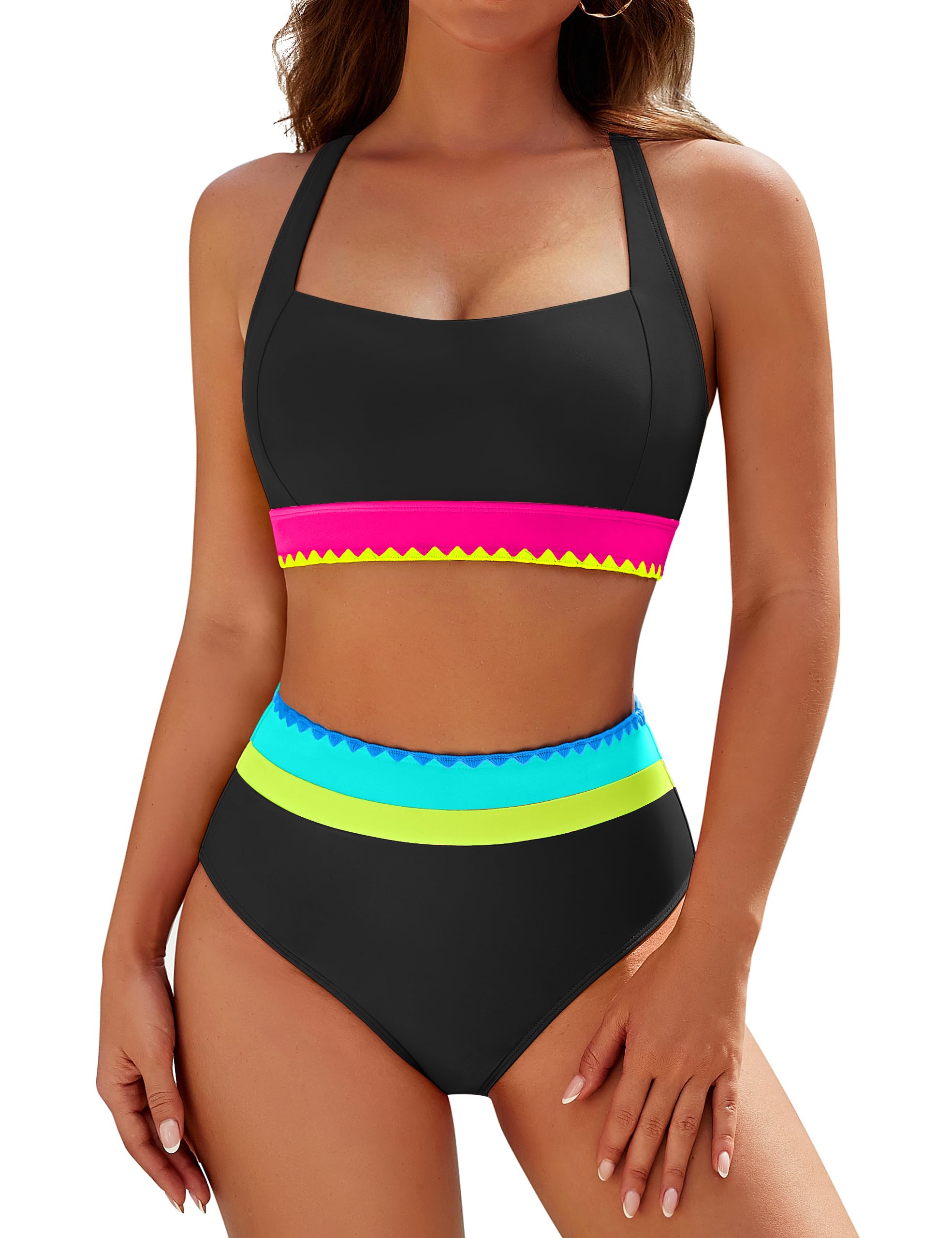 Blooming Jelly Womens High Waisted Bikini Sets Tummy Control Modest Two Piece Swimsuit Retro Sporty Color Block Bathing