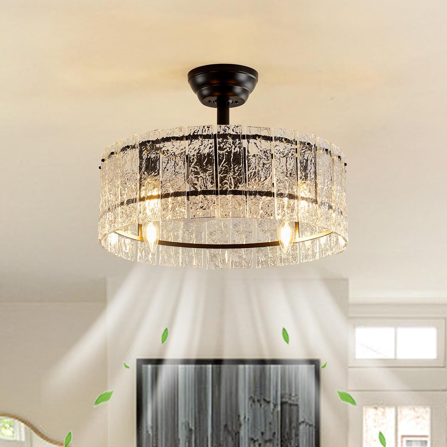 Modern Crystal Ceiling Fan with Light and Remote, 19.7" Black Caged Chandelier Ceiling Fans with Water Ripple Glass, Flush Mount Bladeless Fandelier, 6 Speeds,Reversible for Bedroom Living Room