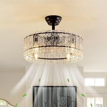 Modern Crystal Ceiling Fan with Light and Remote, 19.7" Black Caged Chandelier Ceiling Fans with Water Ripple Glass, Flush Mount Bladeless Fandelier, 6 Speeds,Reversible for Bedroom Living Room