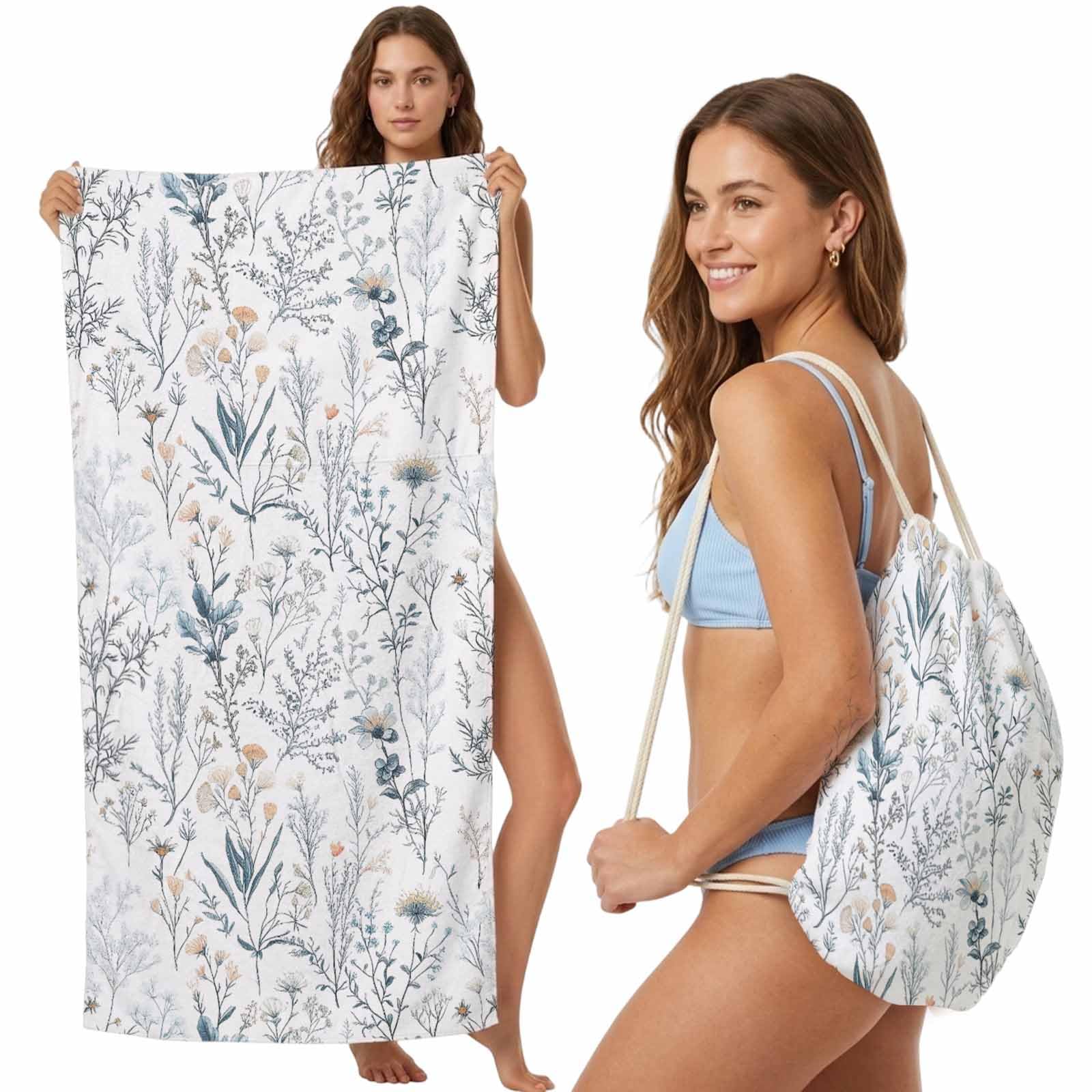 FWJZDSP Beach Towel Backpack Convertible Flower Leaves Sand Free Quick Dry Towel Bag Floral Plant Beach Towel with Adjustable Straps for Travel Swimming Pool Beach Accessories 31.5x63in