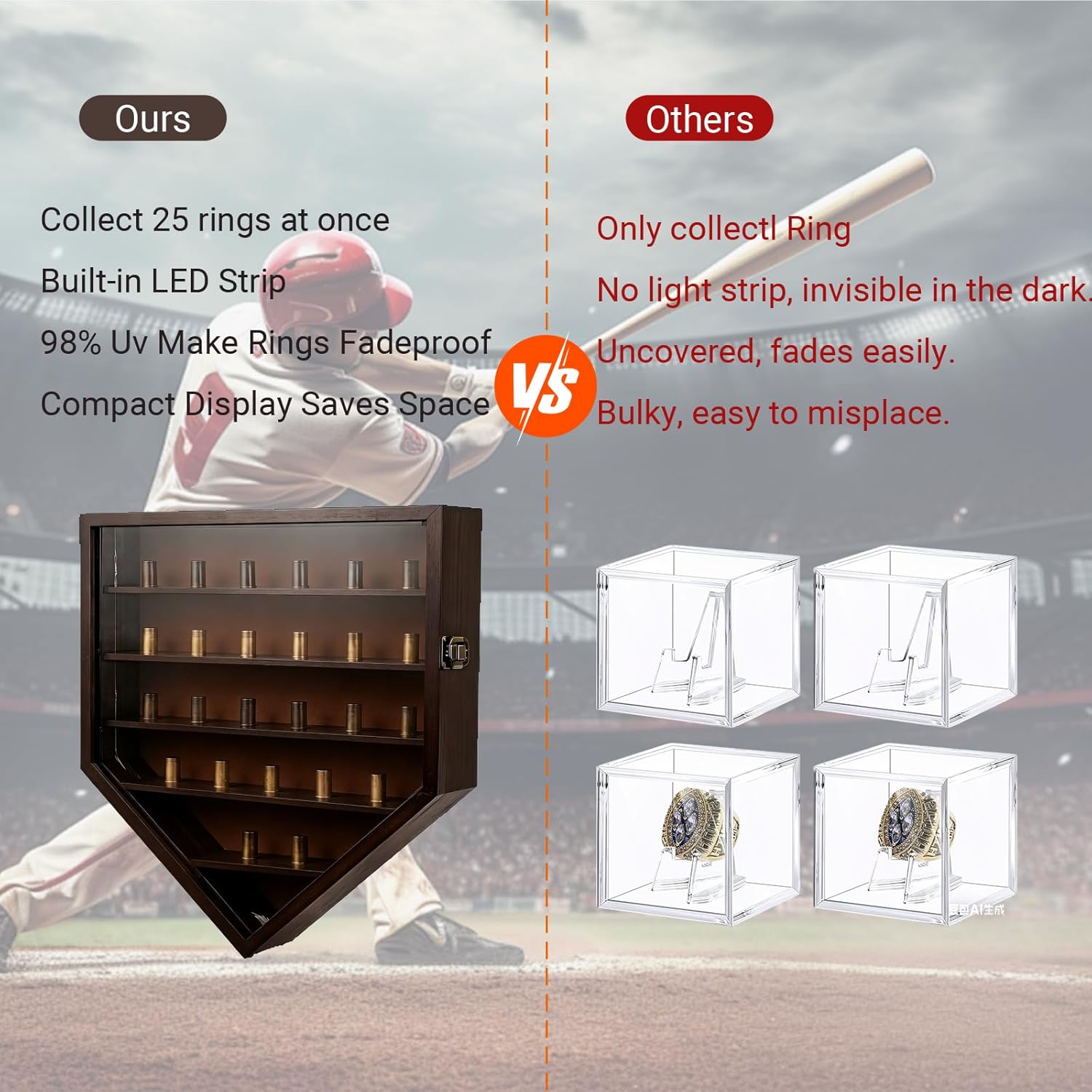 Championship Ring Display Case,25 Slots Posts Baseball Ring Holder with Led Light,Multi-Tiered Wall Mount Moisture-Proof Wooden Superbowl Ring Case Display Multi-Functional Jewelry Rack