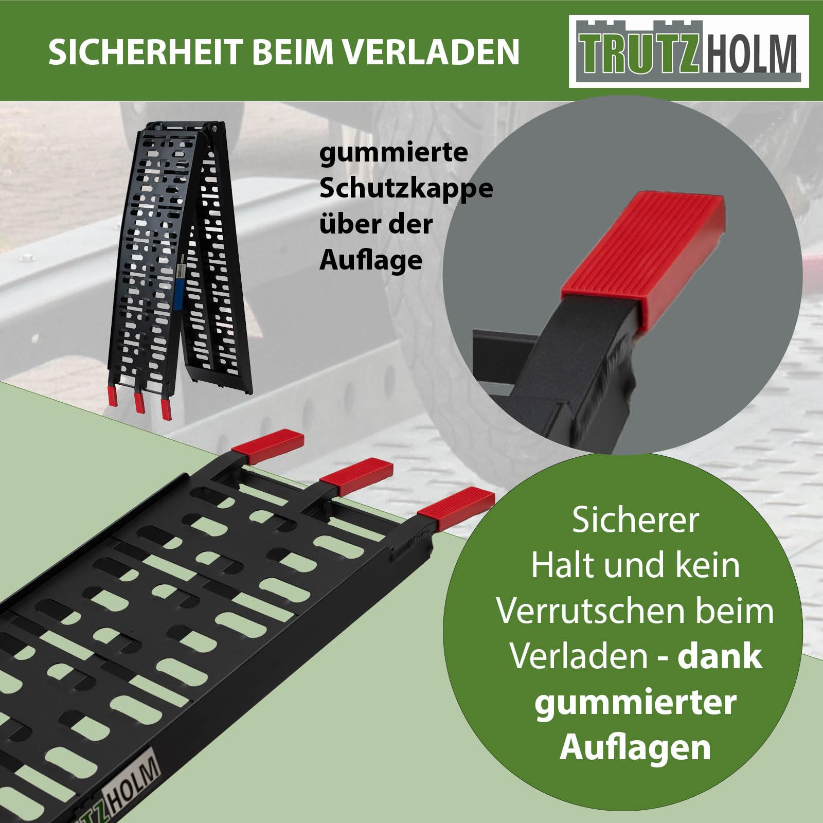 TRUTZHOLM Auffahrrampe klappbar Länge 228 cm Traglast 340 je Stück Motorradrampe Aluminium gelochte rutschfeste Lauffläche gummierte Auflage Verladerampe für Motorräder Roller E-Bike schwarz (1)