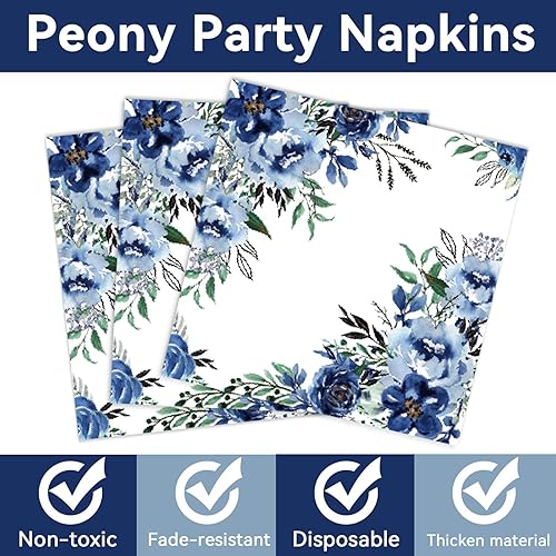 Miniatura 4 de Juego de 96 platos de fiesta de peonía, servilletas y vajilla de flores azules, vajilla desechable, decoración floral azul marino, regalos de