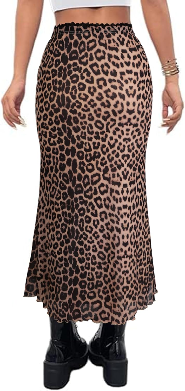 Avanova Women Boho Floral Mesh Long Skirts Elastic High Waisted Mermaid Hem 90s Grunge Maxi Skirt Khaki Large - Image 2