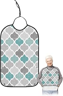 Funny Adult Bibs for Eating, Geometric Morocco Quatrefoil Lattice Turquoise Grey Waterproof Clothing Protector Washable Adult Bib with Crumb Catcher for Men Women Elderl and Seniors