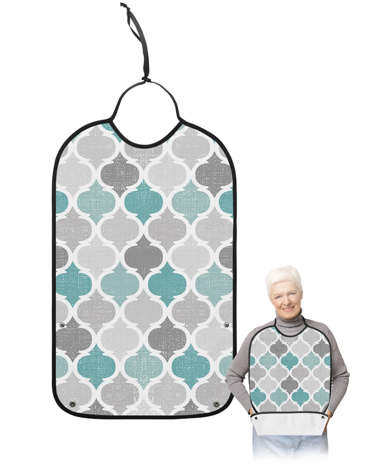 Teal Grey Morocco Pattern Adult Bibs for Eating, Waterproof Bibs with Food Catcher & Adjustable Snap Closure, Turquoise Modern Moroccan Geometric Clothing Protectors Adult Bibs for Elderly Women/Men