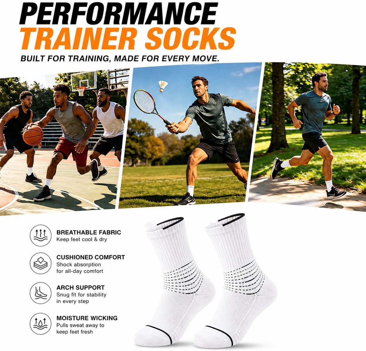 Athletic Crew Socks for Men & Women – Breathable, Cushioned, Odor Resistant for Running & Daily Wear
