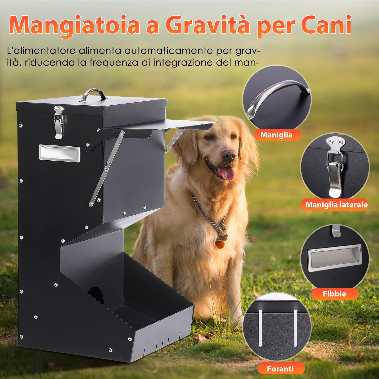 Alimentazione Automatica per Cani all'aperto appeso cibo per animali domestici di razza grande 11kg, mangiatoia automatica per cani in metallo auto-alimentazione cibo per cani
