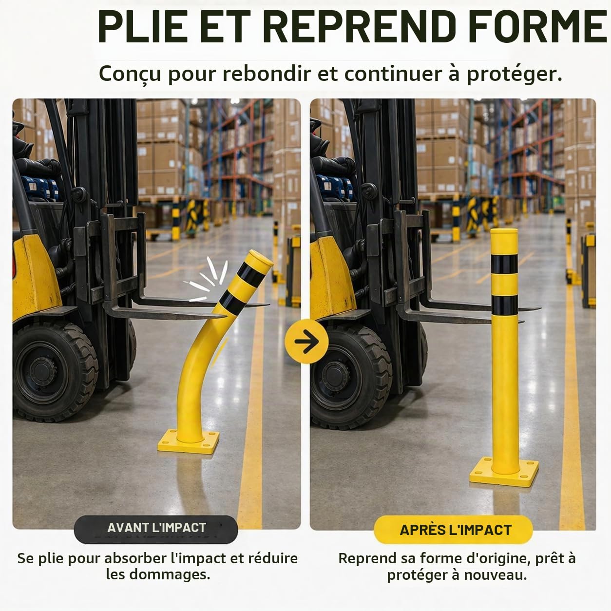 Bollard de Sécurité Flexible, Diamètre 10 cm, Poteau Résistant aux Chocs et Flexible pour la Gestion du Trafic, la Sécurité des Parkings et des Entrepôts (90 cm de Hauteur)