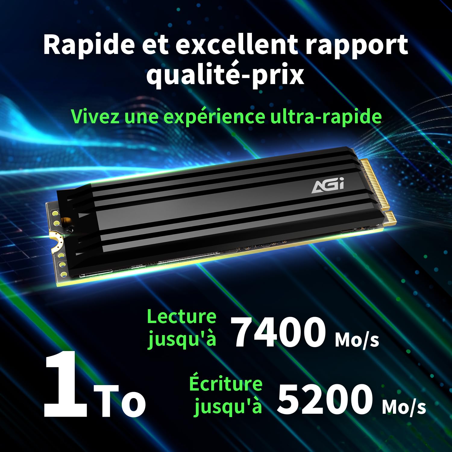 AGI AI828 1 to M.2 NVMe PCIe 4.0 SSD Interne avec Dissipateur Thermique