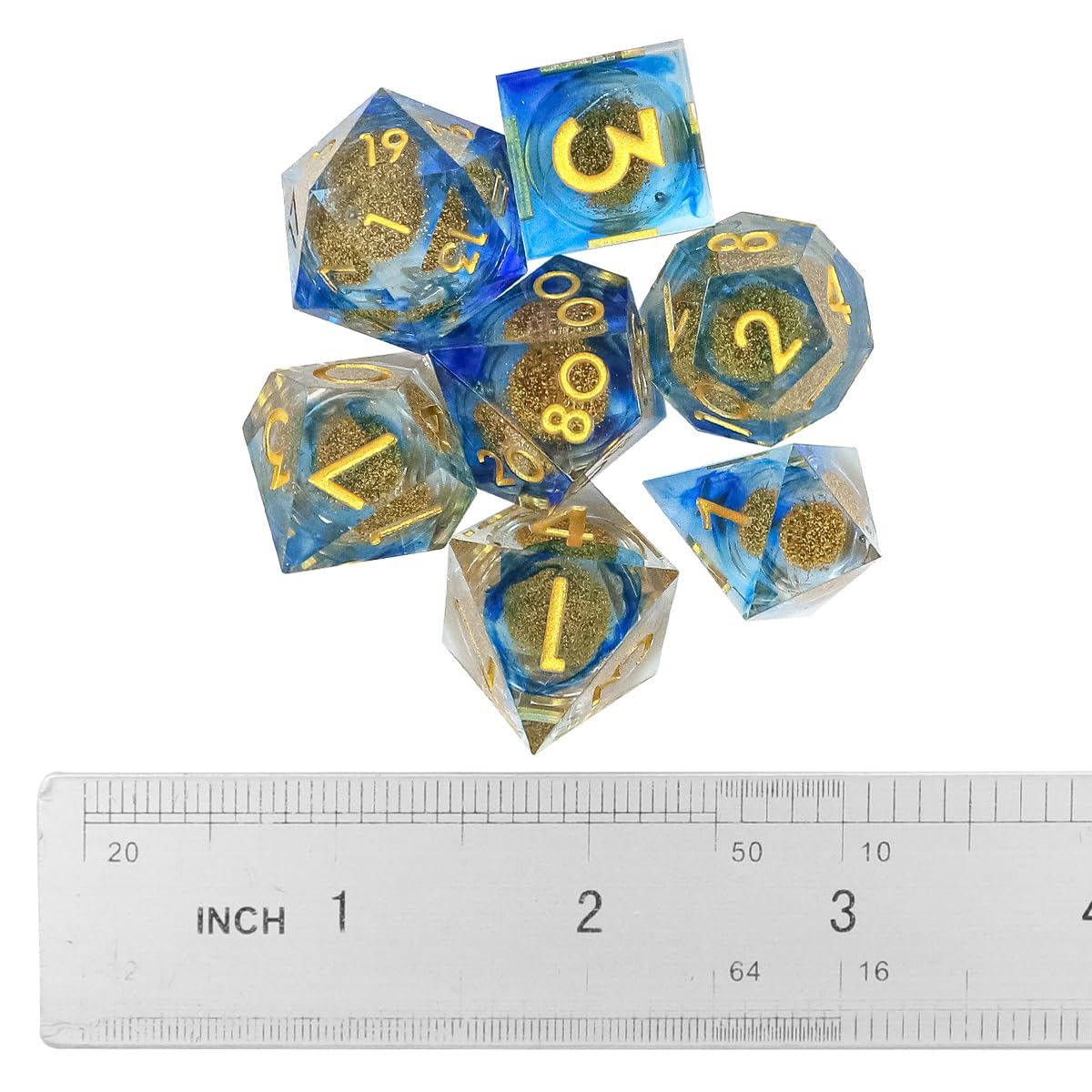 Sarini 7 pezzi di dadi con nucleo liquido in resina dadi con bordi affilati set di dadi DND poliedrici per giochi da tavolo MTG RPG Dungeons and Dragons （Oro blu）