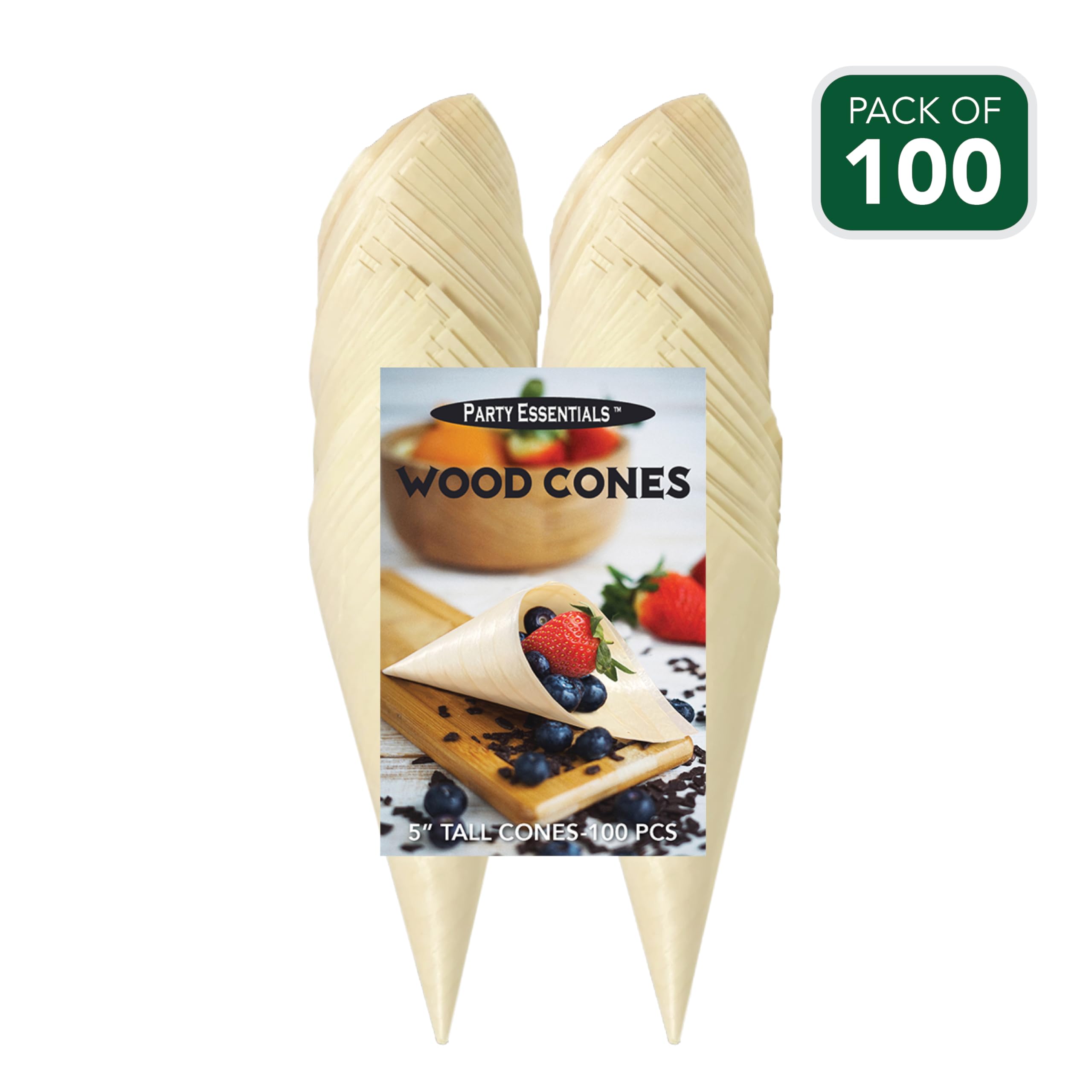 Party Essentials Juego de miniware desechable ecológico y biodegradable para presentación de alimentos, aperitivos, frutas, embutidos, manualidades, conos de madera de 5 pulgadas de alto, 100 piezas,