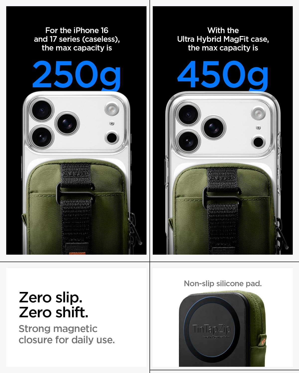 Spigen TinTap Zip MagFit Portafoglio MagSafe con Mini Pochette Blocco RFID Wallet Magnetico Portacarte Compatibile con iPhone 17/16-12, AirPods Pro 3-1 e AirPods 4-1, Accessori MagSafe - Verde Oliva