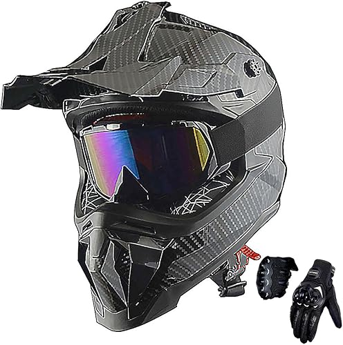 1Storm Casco de motocross para adultos, ATV Dirt Bike BMX Downhill Mountain Casco Track Style JH601 fibra de carbono negro + gafas + guante negro
