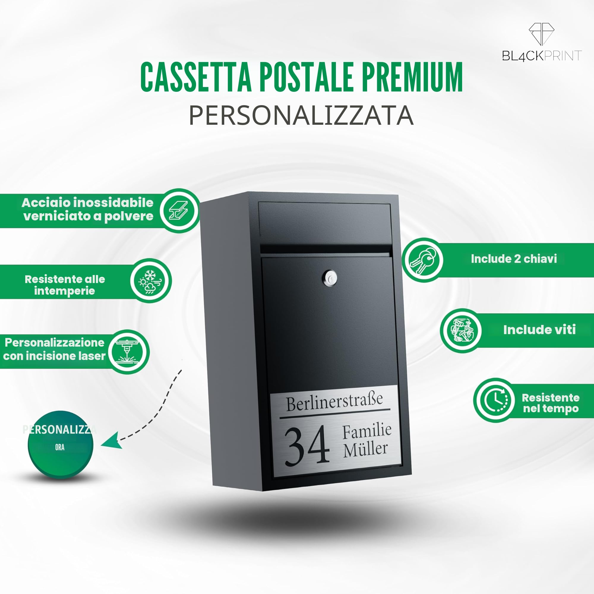 Bl4ckPrint Cassetta delle lettere antracite, personalizzabile con nome e numero civico, cassetta da parete alta qualità