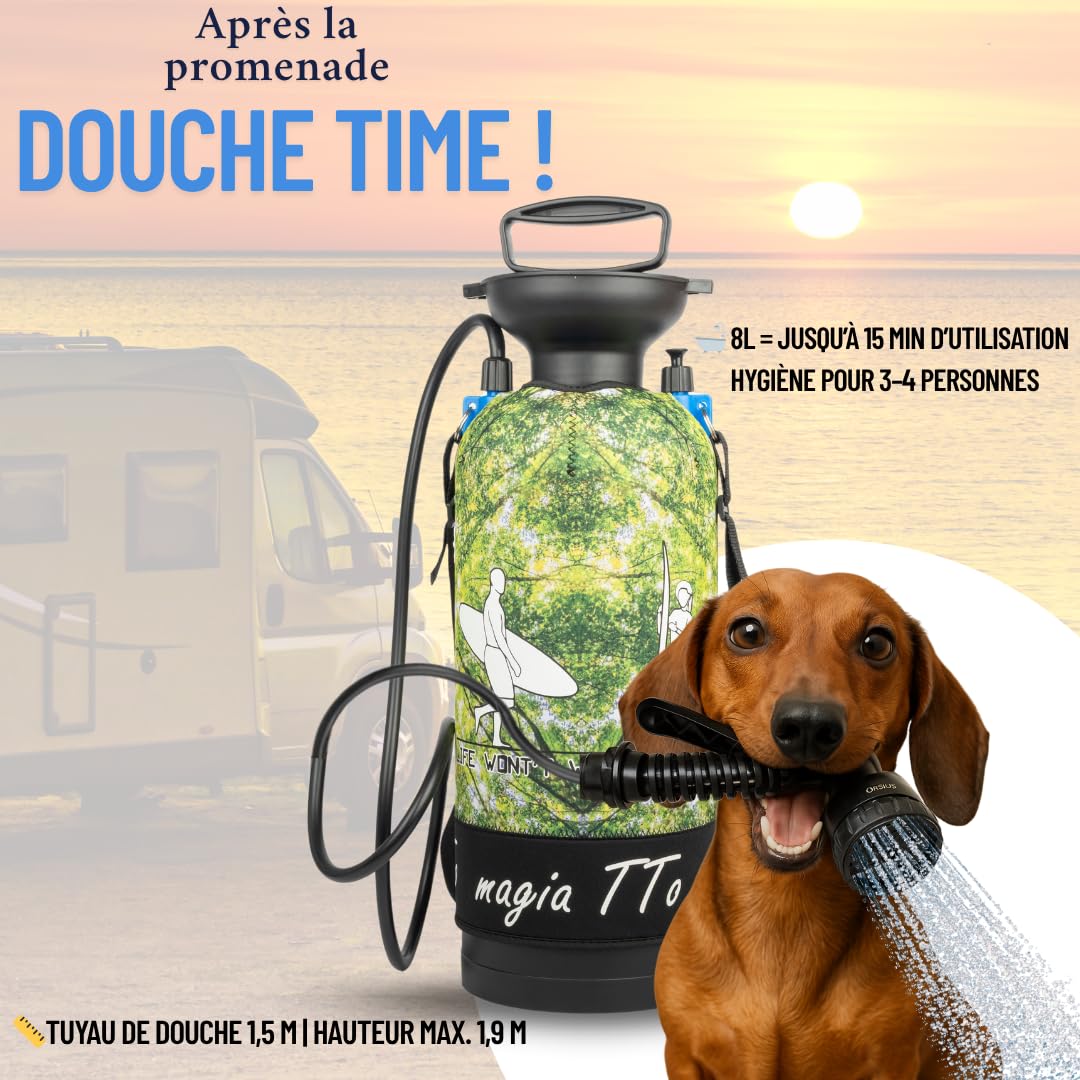 MAGIATTO Douche Portable Camping, Pompe Manuelle 8 L [sans Électricité] – Douche Camper, Voyage, Plage, Surf, Randonnée, Chien et Animaux – Transport Facile et Hygiène en Plein Air